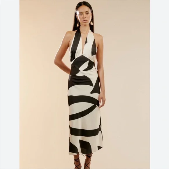 Bardot Citron black ivory halter midi dress back zip satin 4 s small - Picture 4 of 11